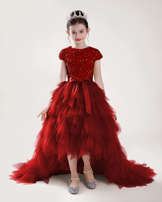 Burgundy Tulle A-line Girls Formal Dress Front View