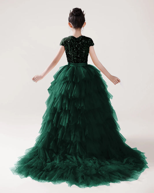 Dark Green Sequin Tulle Ball Gown Girls Formal Dress Back View