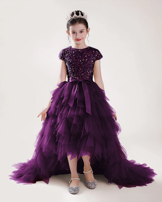 Purple Sequin Tulle Ball Gown Girls Formal Dress Front View