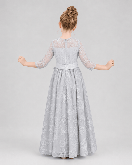 Silver Lace A-line Girls Formal Dress Back View