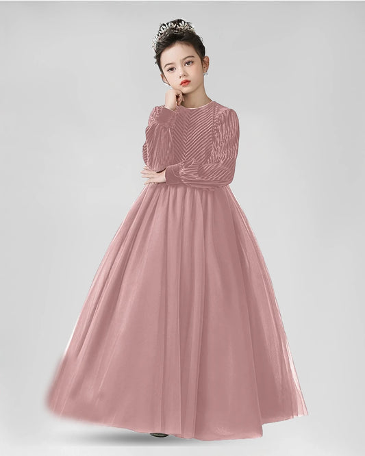 Pink Velvet Tulle A-Line Girls Formal Dresses Front View