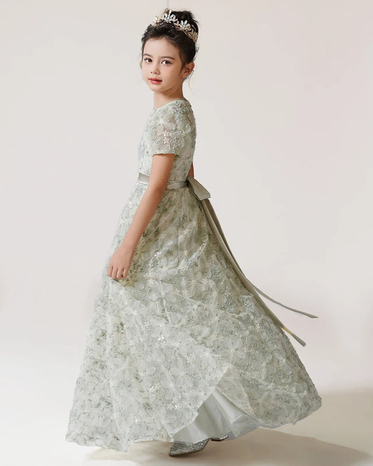 Sage Lace A-line Girls Formal Dress Side View