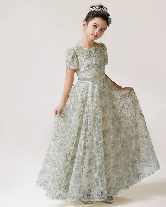 Sage Lace A-line Girls Formal Dress Front View