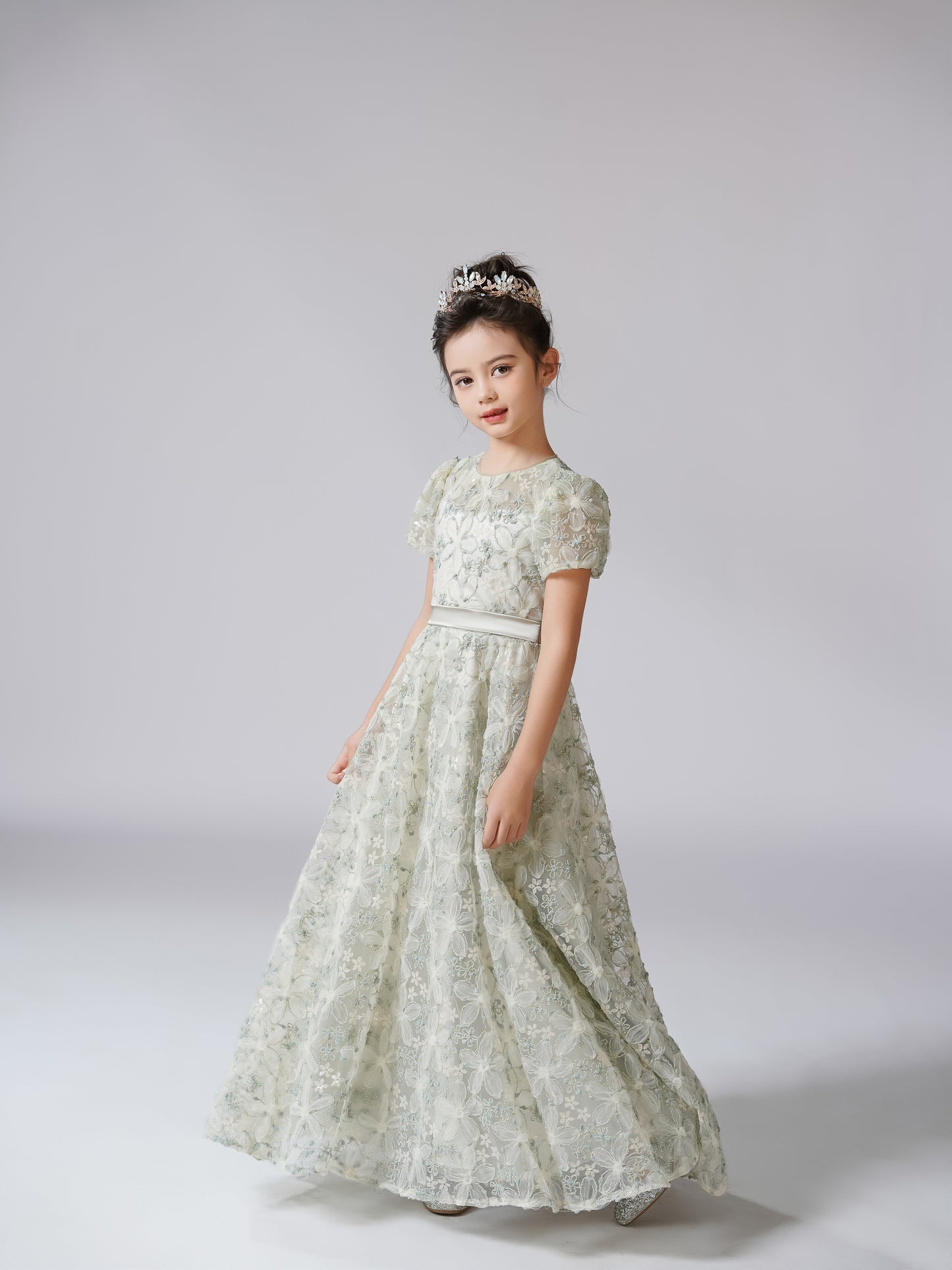 2025 Spring Flower Girl Dress Wedding Bridesmaid Lace Tulle Puffy Sleeves Girls Birthday Party Pageant Maxi Dress