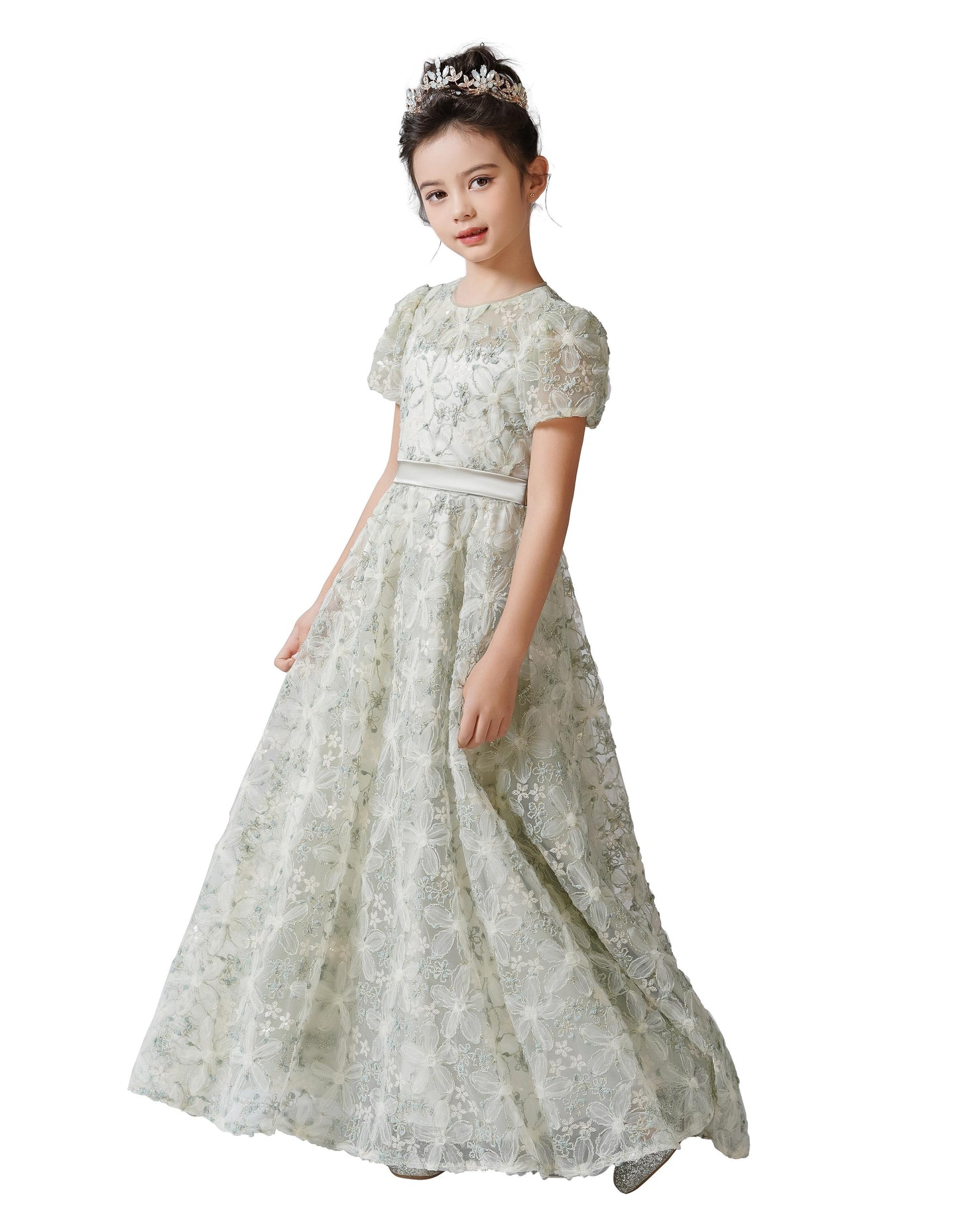 2025 Spring Flower Girl Dress Wedding Bridesmaid Lace Tulle Puffy Sleeves Girls Birthday Party Pageant Maxi Dress