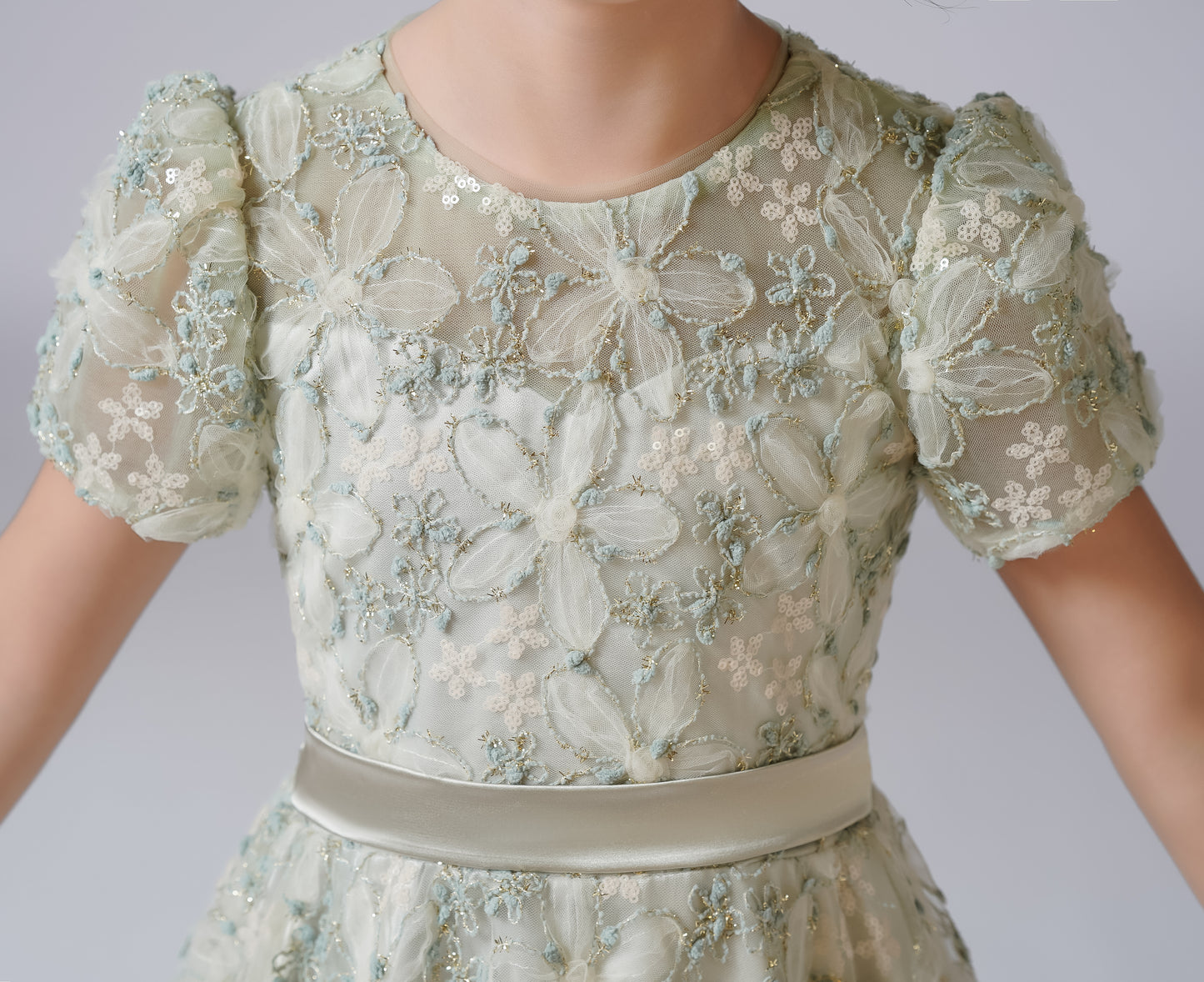 2025 Spring Flower Girl Dress Wedding Bridesmaid Lace Tulle Puffy Sleeves Girls Birthday Party Pageant Maxi Dress