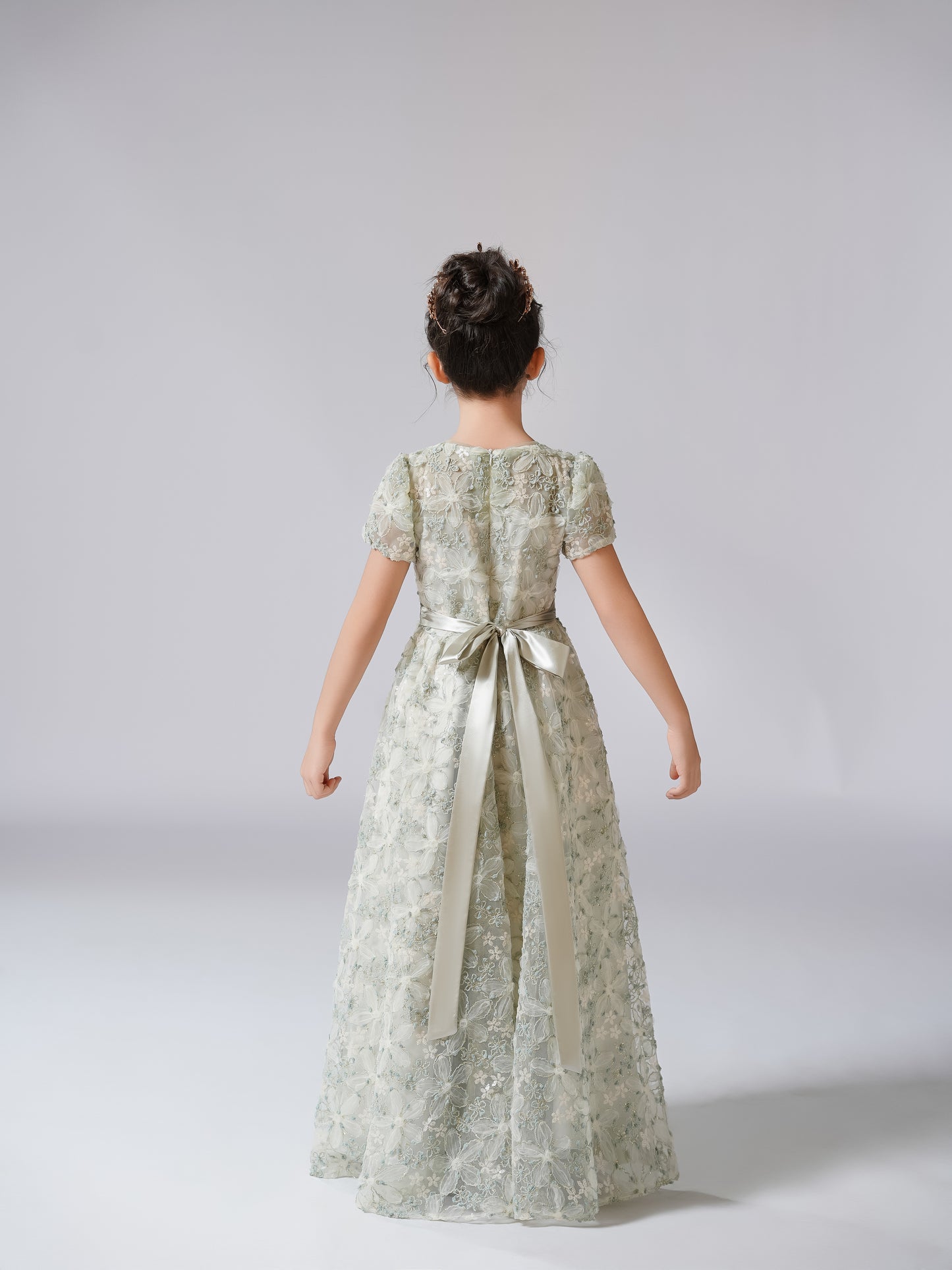 2025 Spring Flower Girl Dress Wedding Bridesmaid Lace Tulle Puffy Sleeves Girls Birthday Party Pageant Maxi Dress