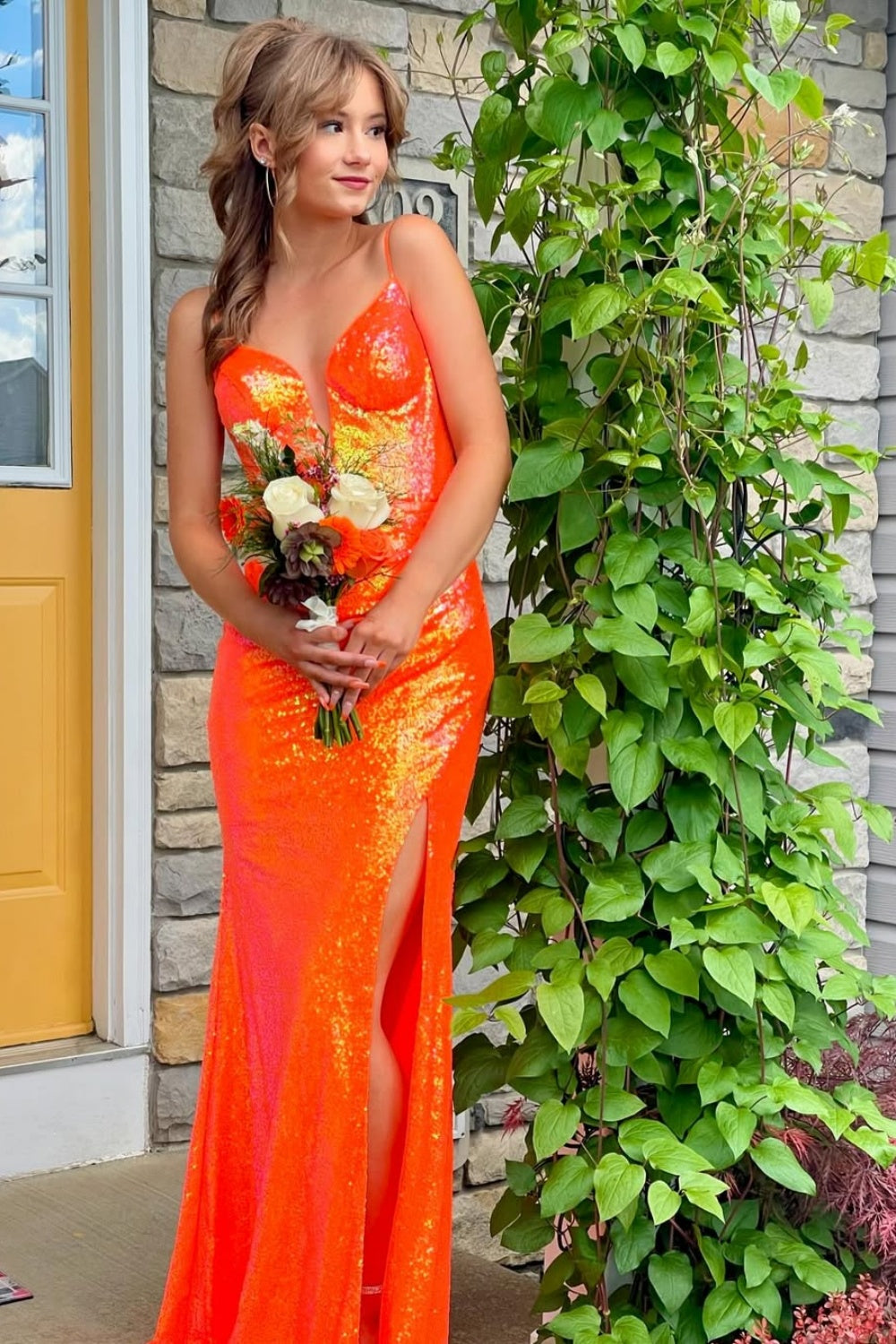 Sequin Orange Plunging V-neck Prom Dress with Slit