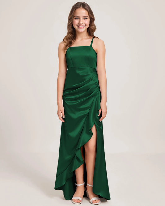 Dark Green Satin A-line Girls Formal Dress Front View