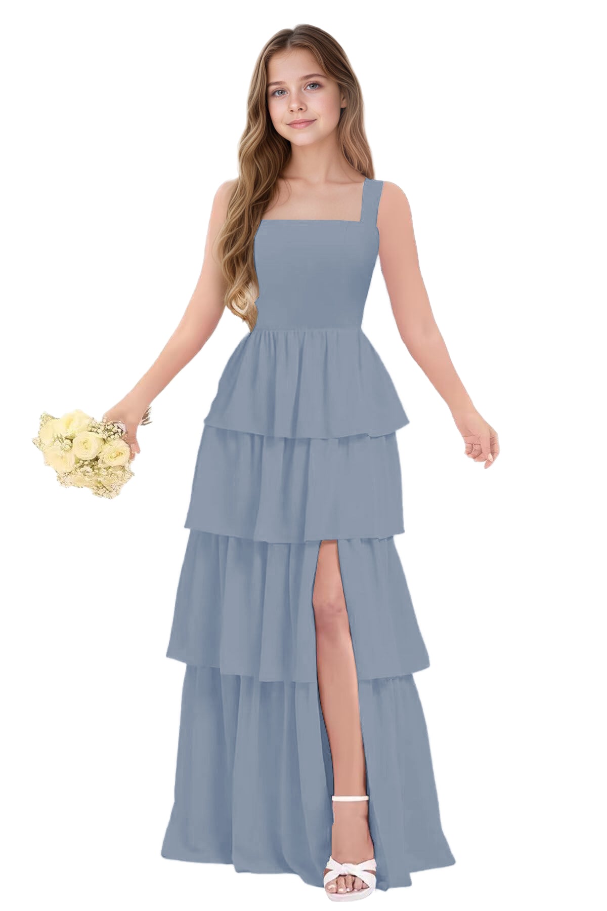 dideyttawl Junior Bridesmaid Dress Spaghetti Strap Square Neck Layered Chiffon A-Line Flower Girl Dress with Slit 2509