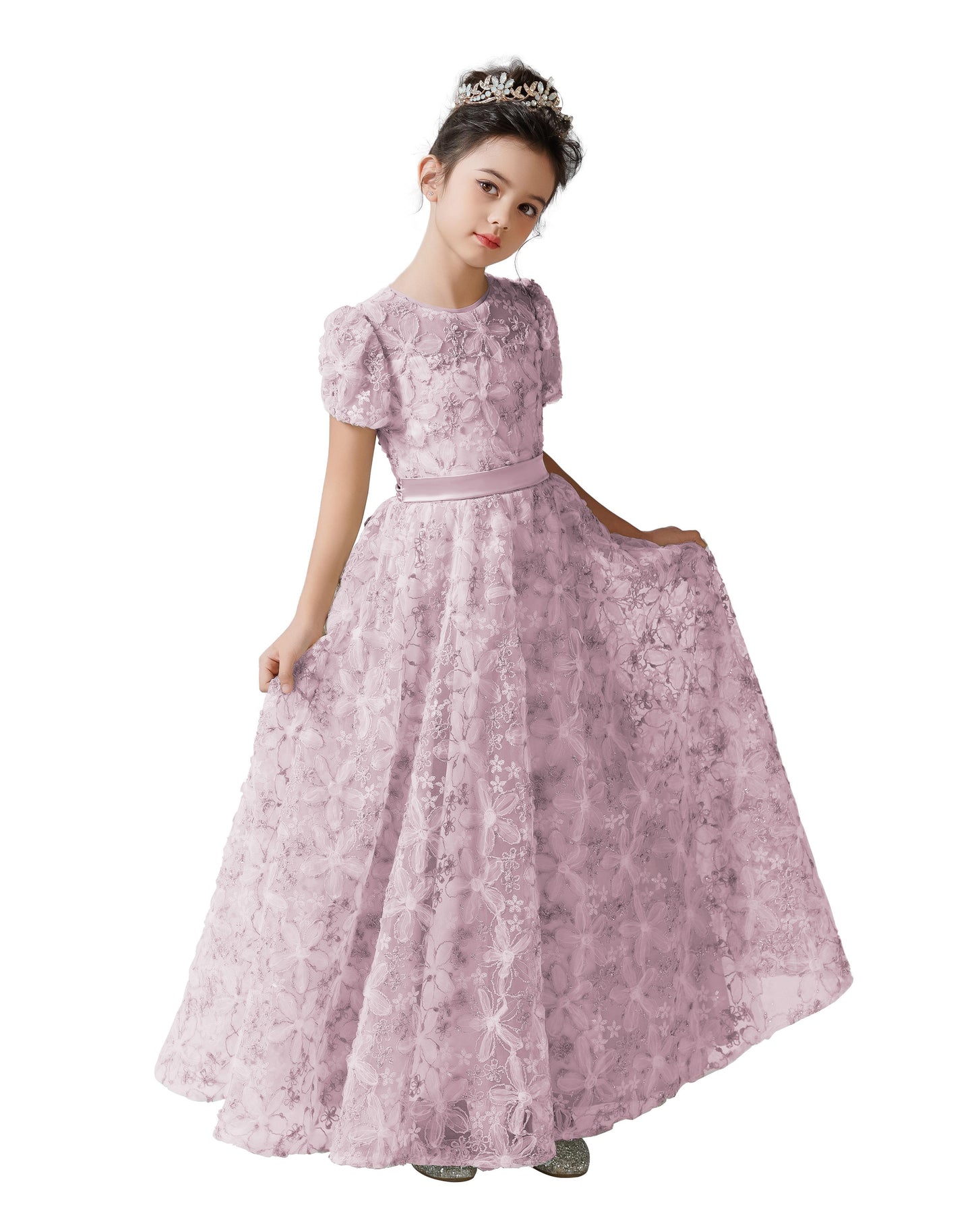 2025 Spring Flower Girl Dress Wedding Bridesmaid Lace Tulle Puffy Sleeves Girls Birthday Party Pageant Maxi Dress