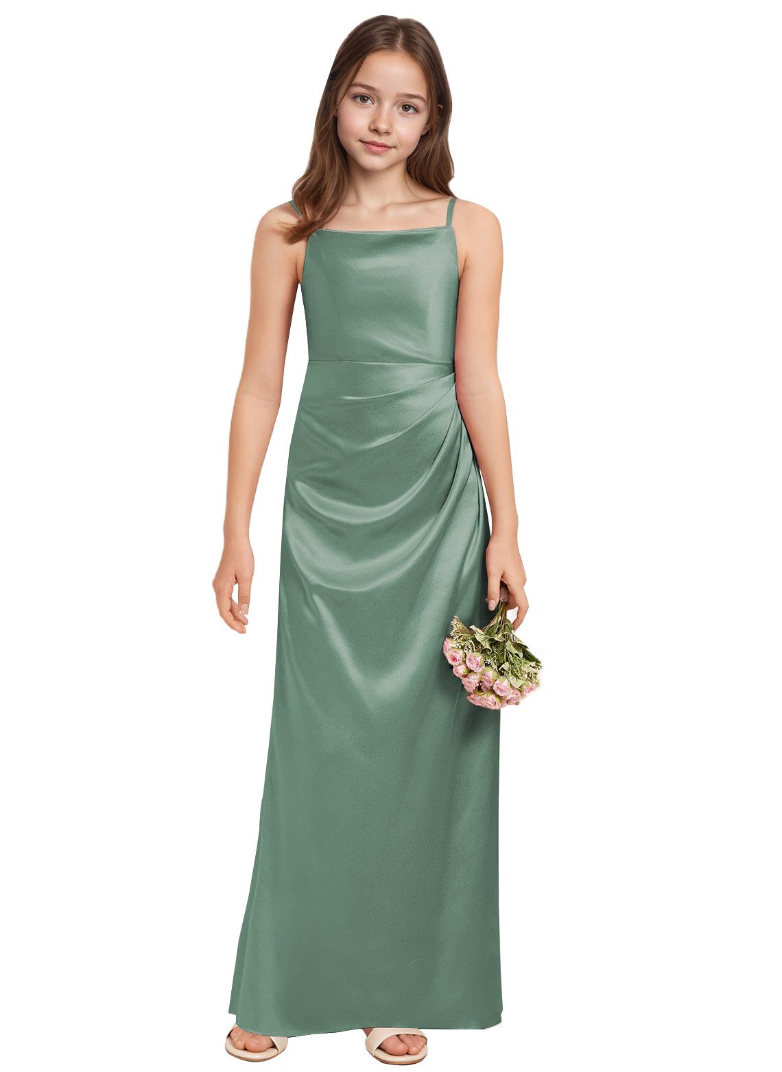 dideyttawl A-Line Junior Bridesmaid Dress Square Neck Pleated Stretch Satin Flower Girl Dress Sleeveless Formal Special Occasion Dress for Wedding 2520