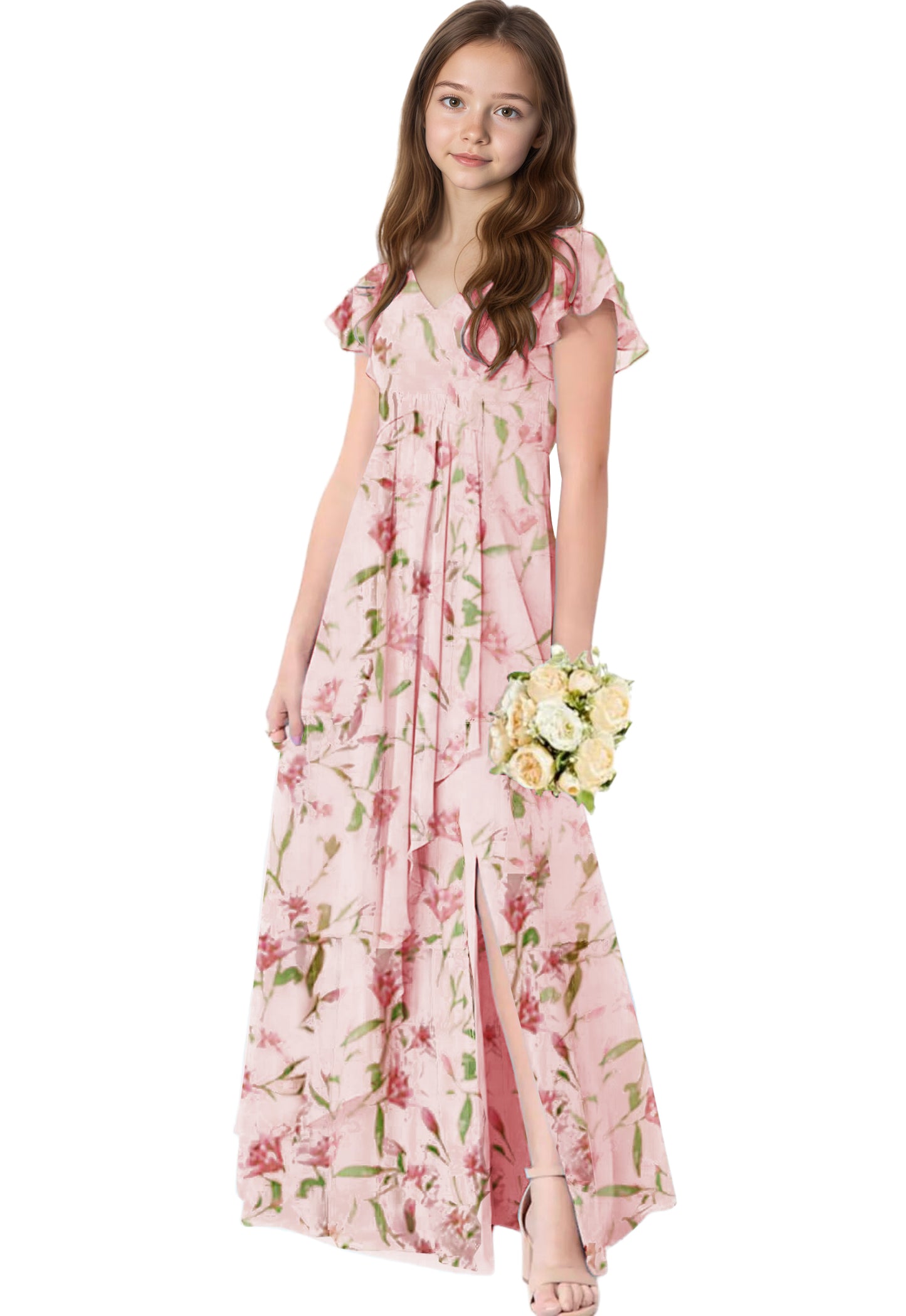 dideyttawl Chiffon Junior Bridesmaid Dresses V Neck Ruffle Sleeves Chiffon Pleated Flowy Flower Girls Dress or 4-16 2506