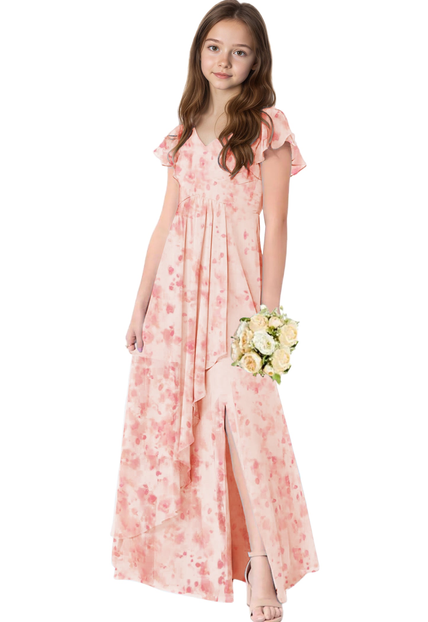 dideyttawl Chiffon Junior Bridesmaid Dresses V Neck Ruffle Sleeves Chiffon Pleated Flowy Flower Girls Dress or 4-16 2506