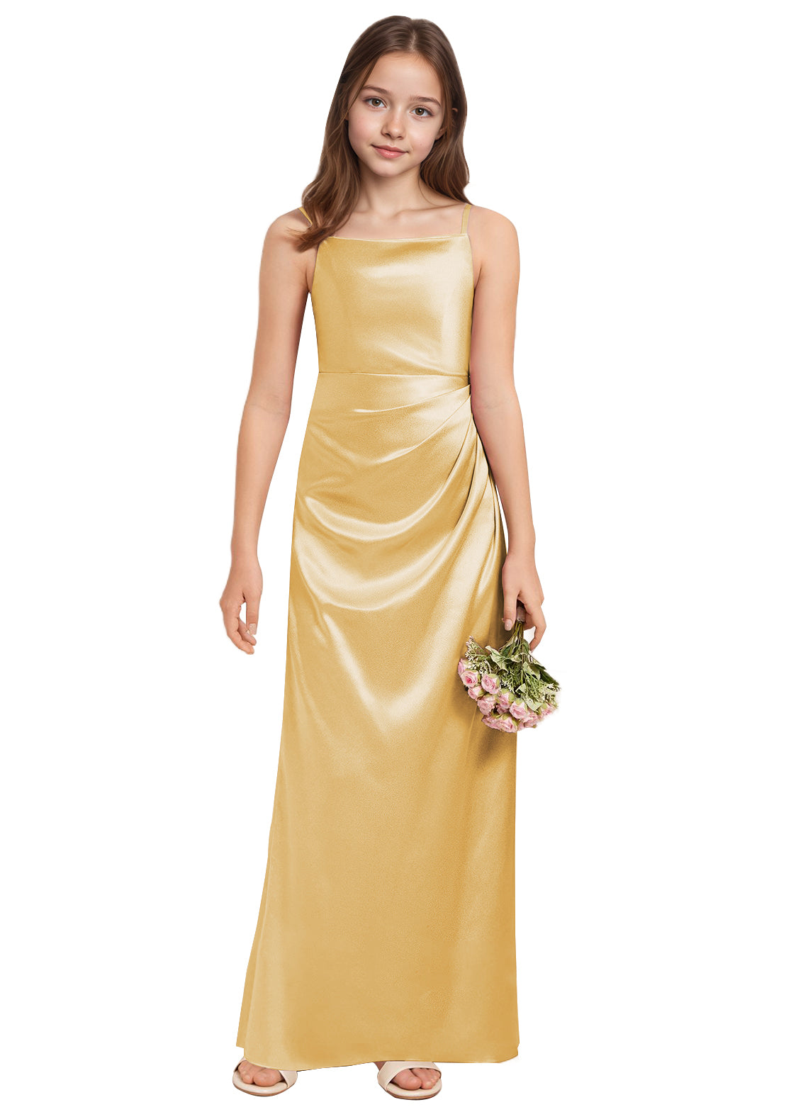 dideyttawl A-Line Junior Bridesmaid Dress Square Neck Pleated Stretch Satin Flower Girl Dress Sleeveless Formal Special Occasion Dress for Wedding 2520