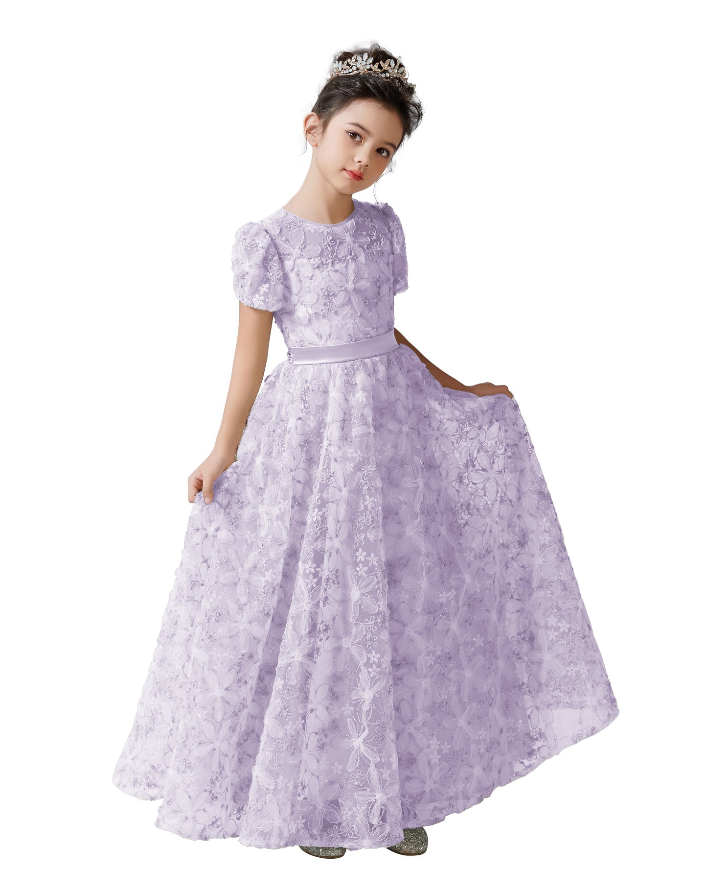 2025 Spring Flower Girl Dress Wedding Bridesmaid Lace Tulle Puffy Sleeves Girls Birthday Party Pageant Maxi Dress