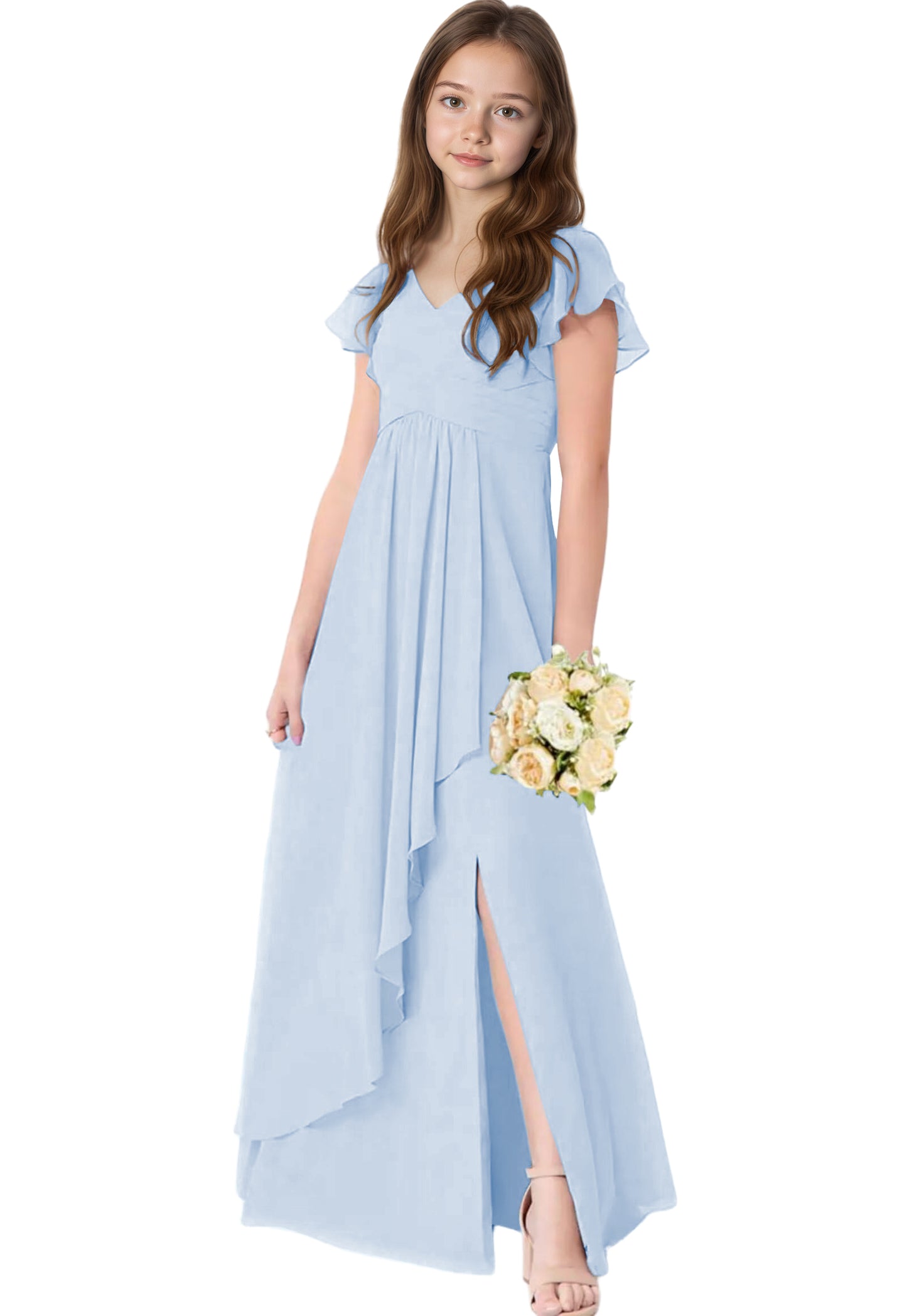 dideyttawl Chiffon Junior Bridesmaid Dresses V Neck Ruffle Sleeves Chiffon Pleated Flowy Flower Girls Dress or 4-16 2506