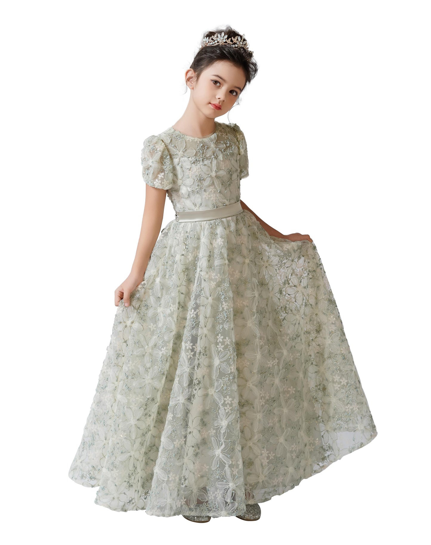 2025 Spring Flower Girl Dress Wedding Bridesmaid Lace Tulle Puffy Sleeves Girls Birthday Party Pageant Maxi Dress