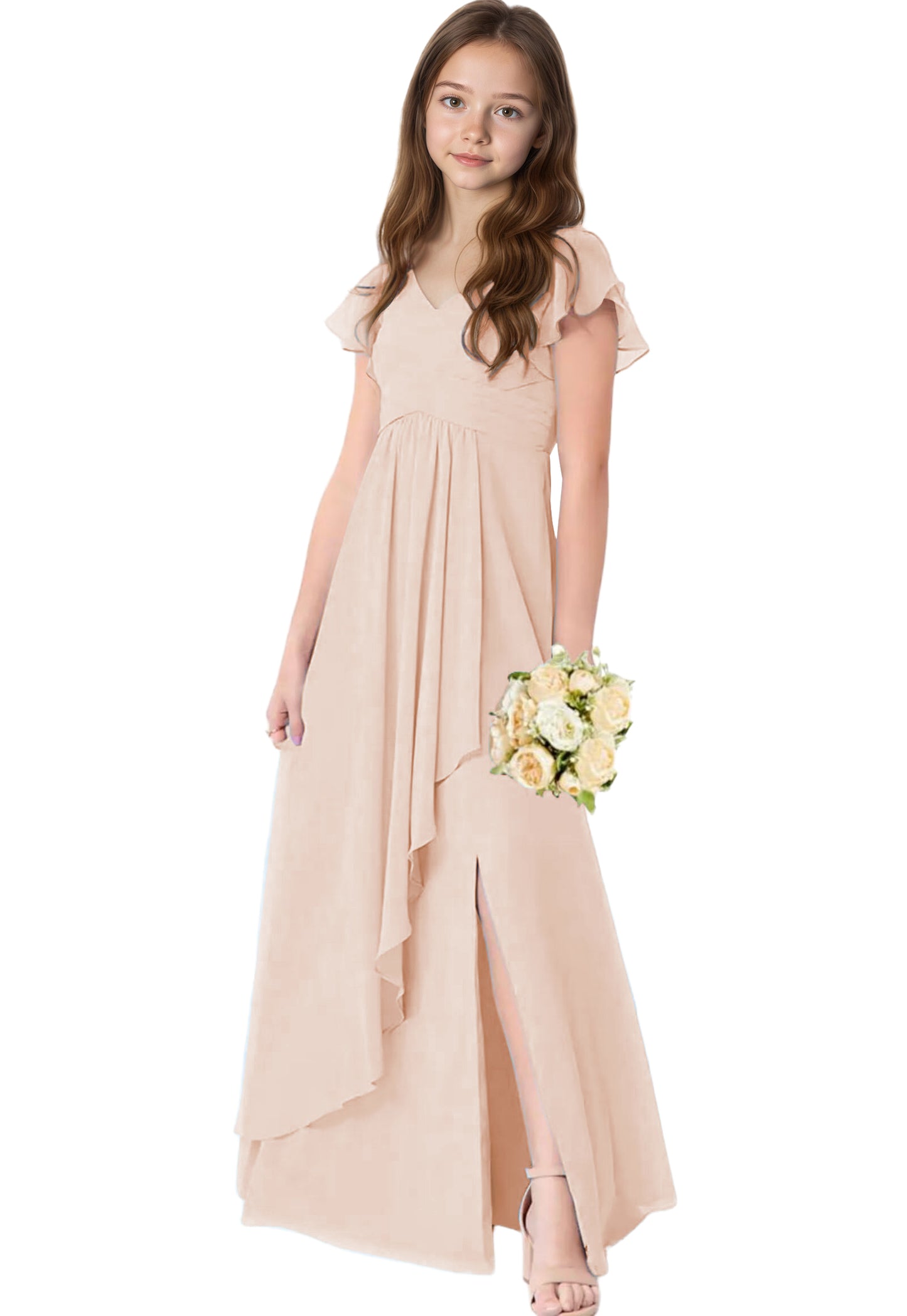 dideyttawl Chiffon Junior Bridesmaid Dresses V Neck Ruffle Sleeves Chiffon Pleated Flowy Flower Girls Dress or 4-16 2506