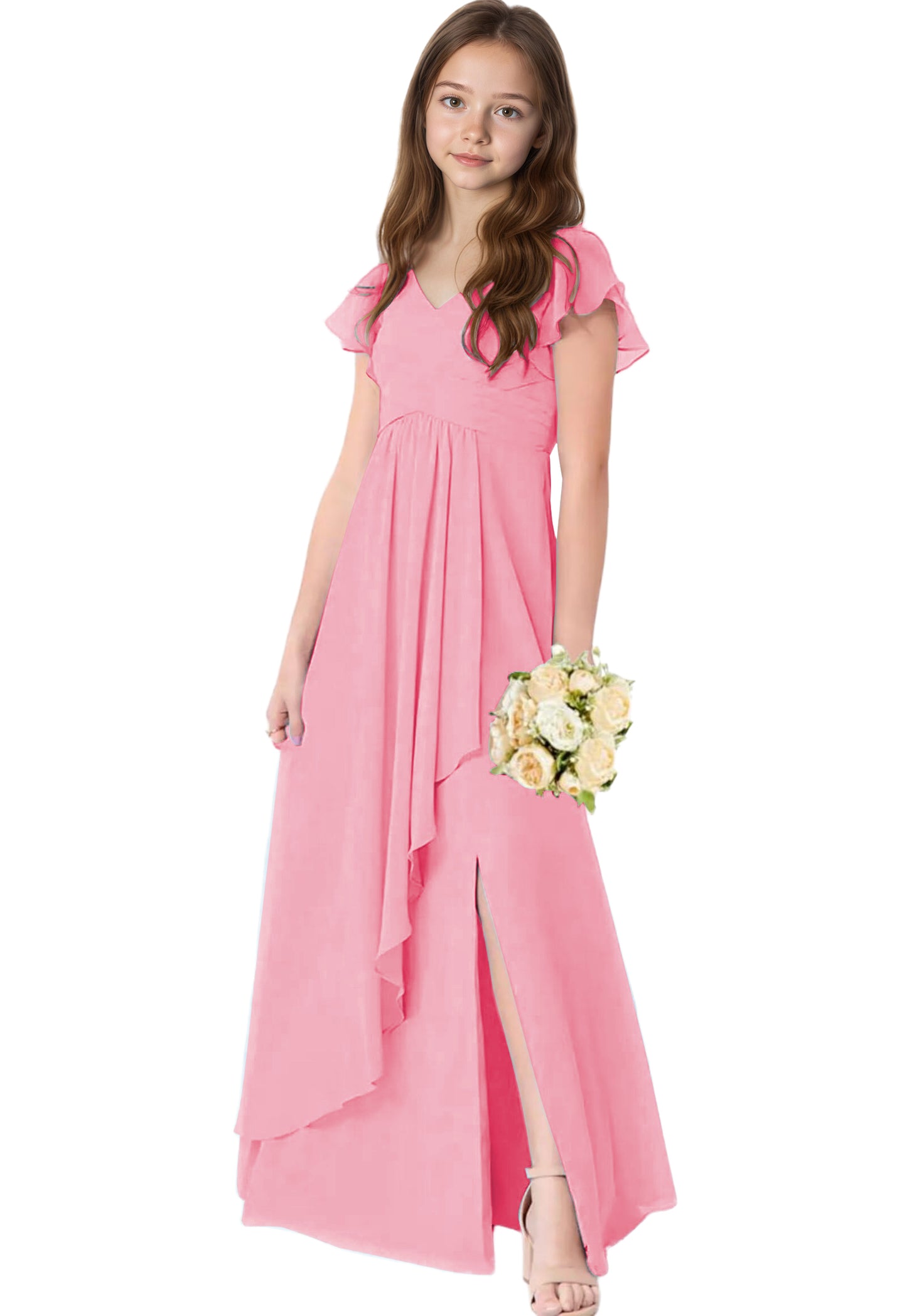 dideyttawl Chiffon Junior Bridesmaid Dresses V Neck Ruffle Sleeves Chiffon Pleated Flowy Flower Girls Dress or 4-16 2506