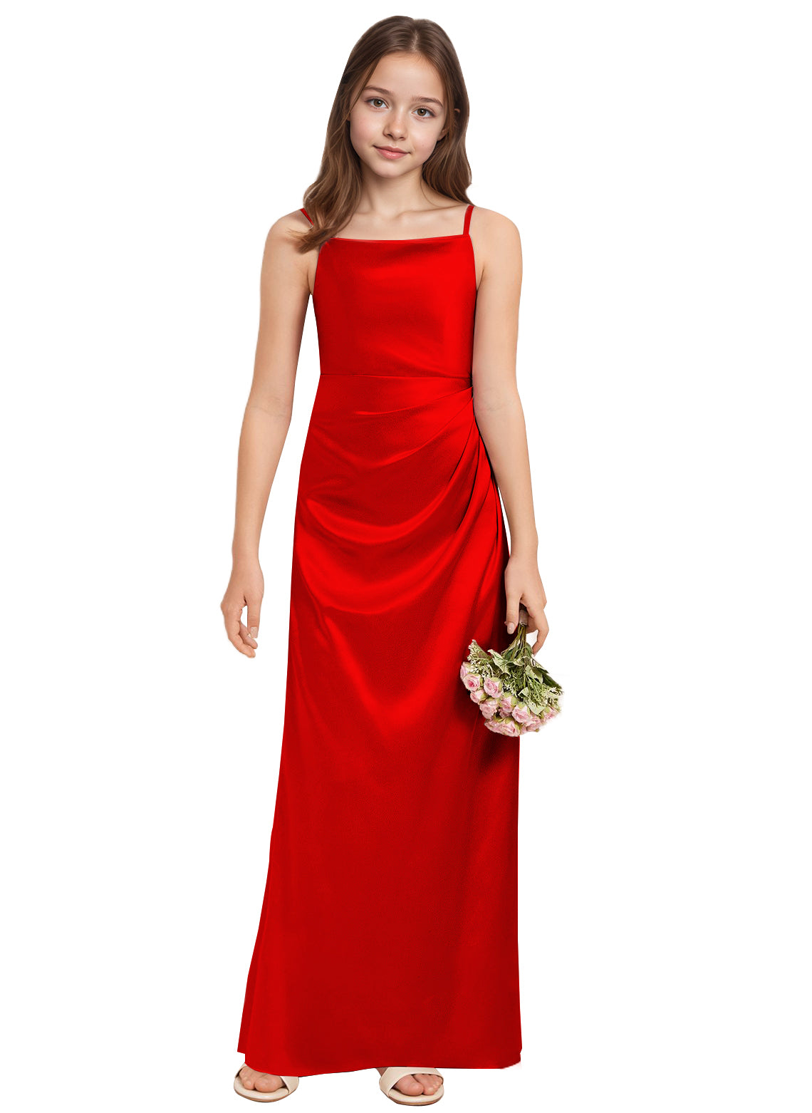 dideyttawl A-Line Junior Bridesmaid Dress Square Neck Pleated Stretch Satin Flower Girl Dress Sleeveless Formal Special Occasion Dress for Wedding 2520