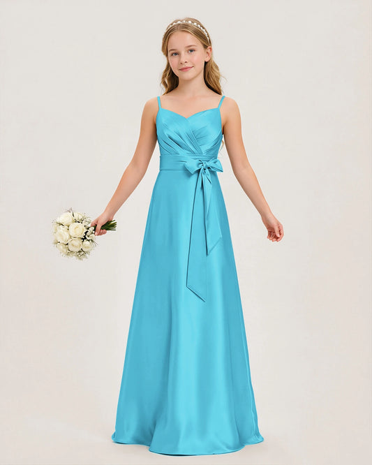 Sky Blue Satin A-line Junior Bridesmaid Dress Front View