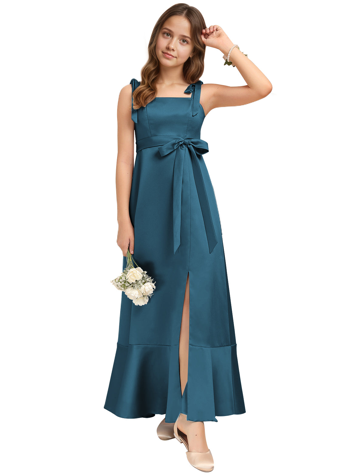 dideyttawl Junior Bridesmaid Dresses for Teens Silk Satin Adjustable Straps Flower Girl Dress with Slit 2529