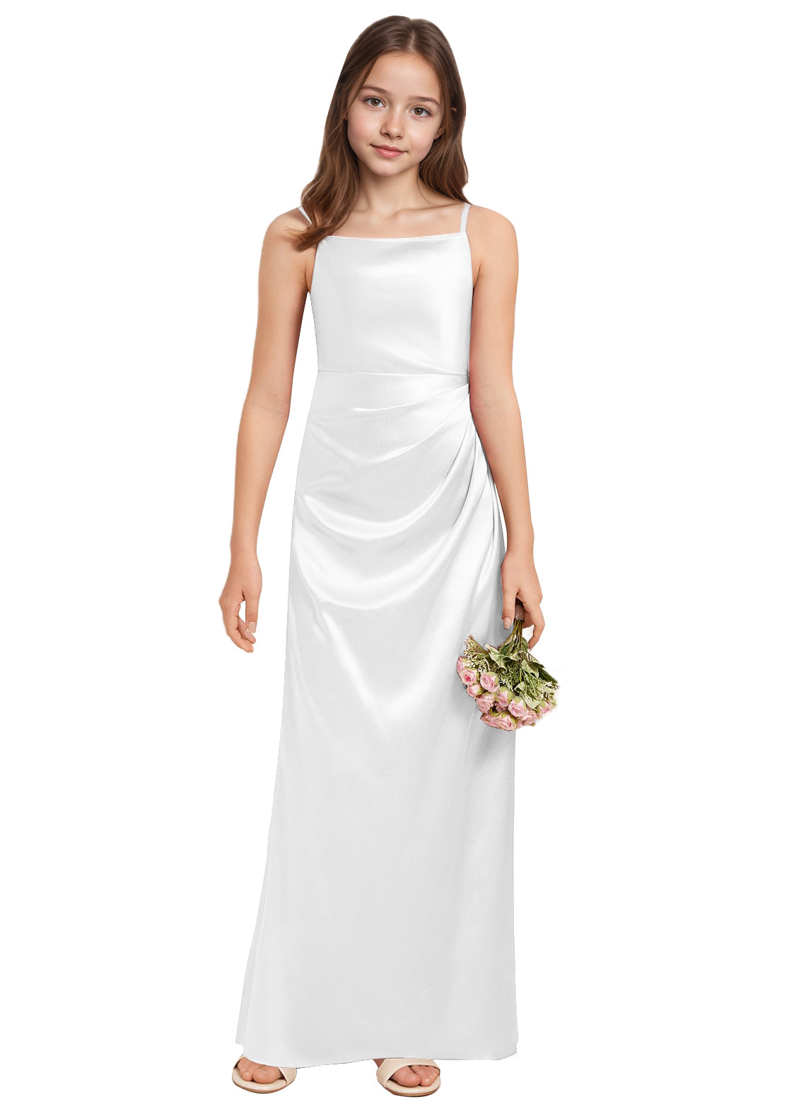 dideyttawl A-Line Junior Bridesmaid Dress Square Neck Pleated Stretch Satin Flower Girl Dress Sleeveless Formal Special Occasion Dress for Wedding 2520