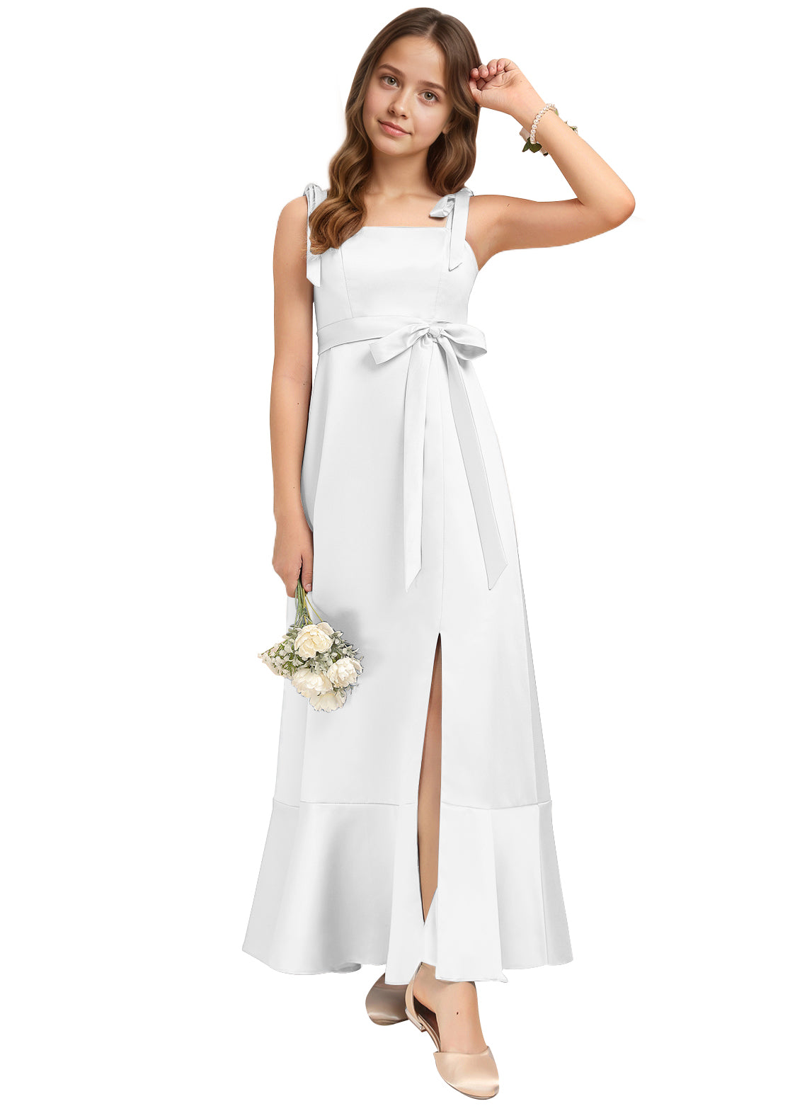 dideyttawl Junior Bridesmaid Dresses for Teens Silk Satin Adjustable Straps Flower Girl Dress with Slit 2529