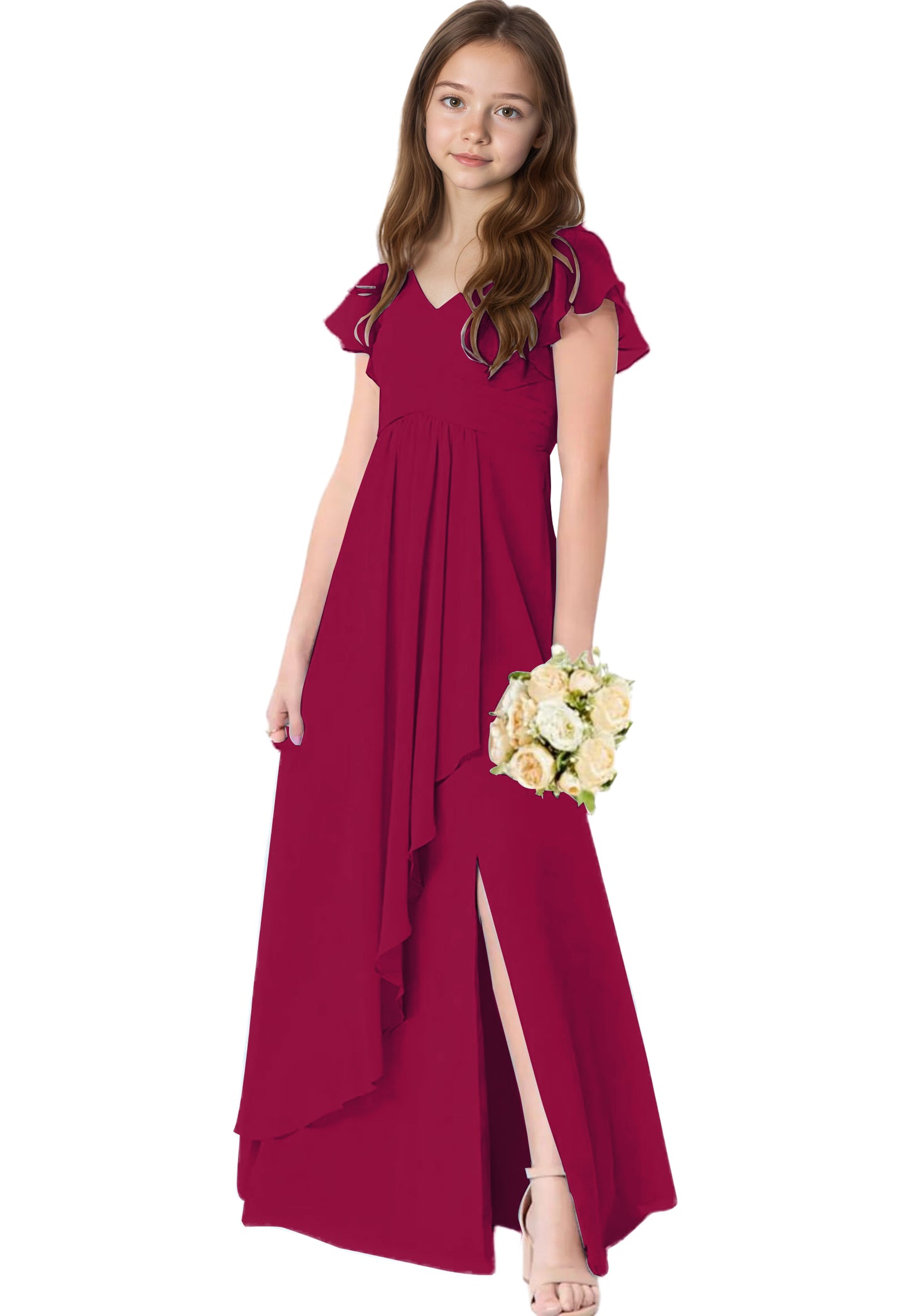 dideyttawl Chiffon Junior Bridesmaid Dresses V Neck Ruffle Sleeves Chiffon Pleated Flowy Flower Girls Dress or 4-16 2506