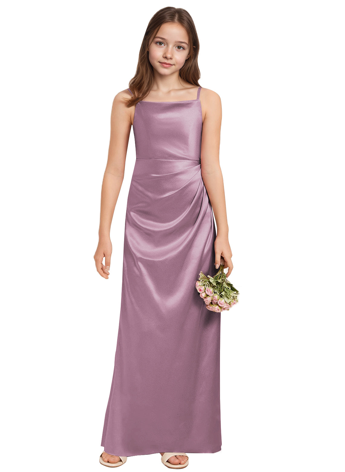 dideyttawl A-Line Junior Bridesmaid Dress Square Neck Pleated Stretch Satin Flower Girl Dress Sleeveless Formal Special Occasion Dress for Wedding 2520