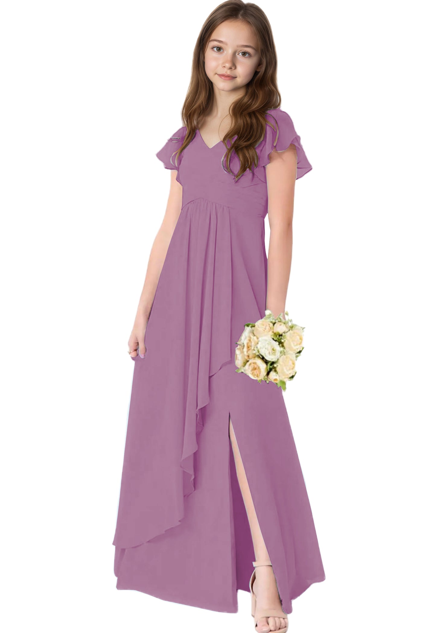 dideyttawl Chiffon Junior Bridesmaid Dresses V Neck Ruffle Sleeves Chiffon Pleated Flowy Flower Girls Dress or 4-16 2506