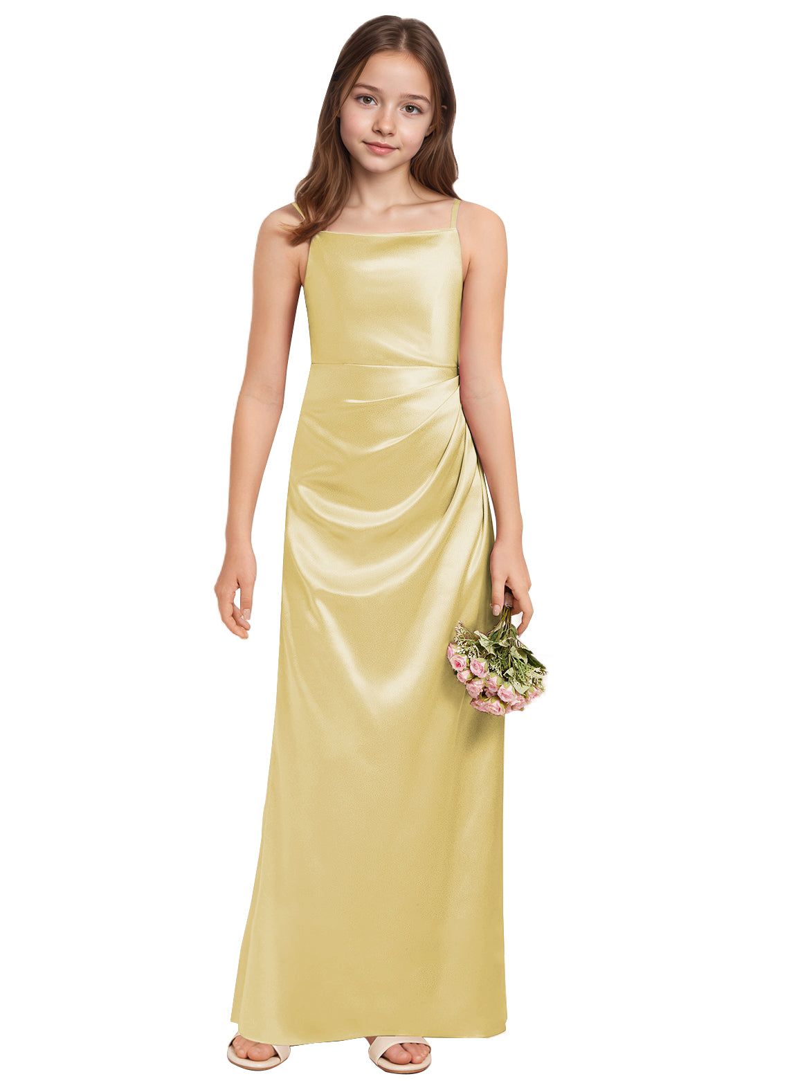 dideyttawl A-Line Junior Bridesmaid Dress Square Neck Pleated Stretch Satin Flower Girl Dress Sleeveless Formal Special Occasion Dress for Wedding 2520