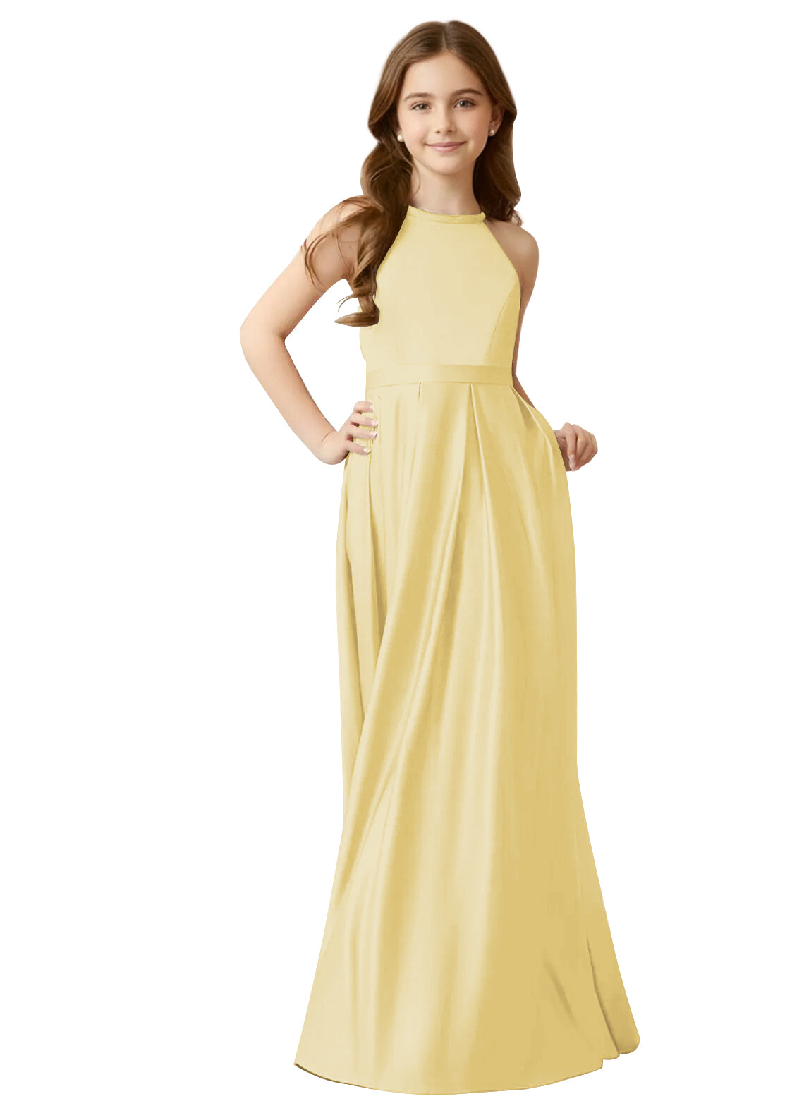 dideyttawl A-Line Junior Bridesmaid Dresses Halter Flower Girls Dress Satin Adjustable Straps Formal Gown 2532