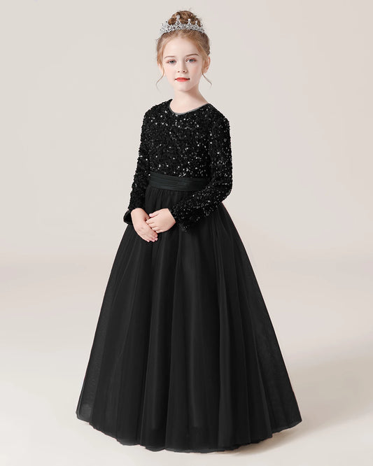 Black Sequin Tulle A-line Girls Formal Dress Front View