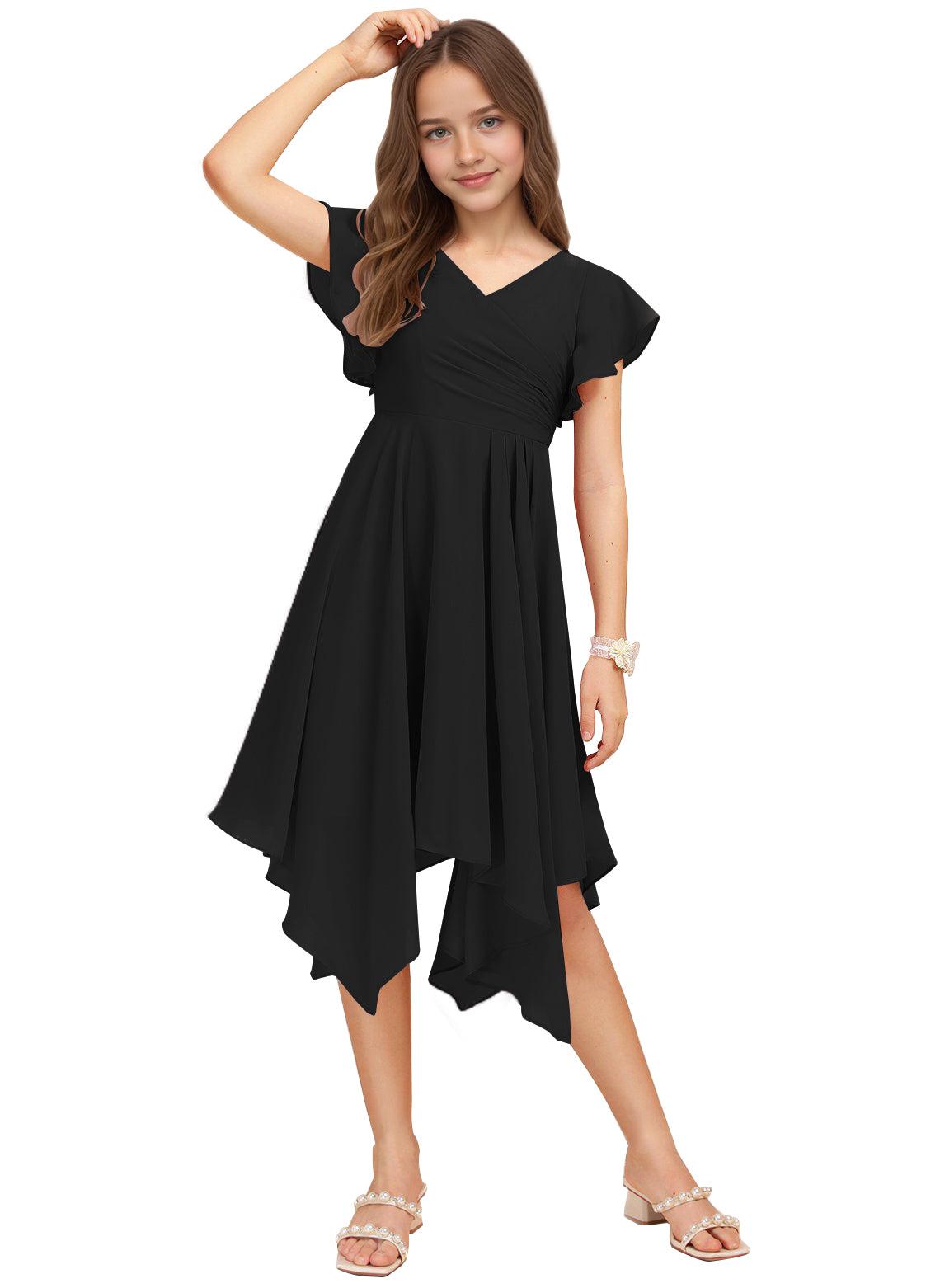 Chiffon Short Junior Bridesmaid Dresses Knee Length Flutter Sleeves Flower Girl Dresses for 4-16 2505