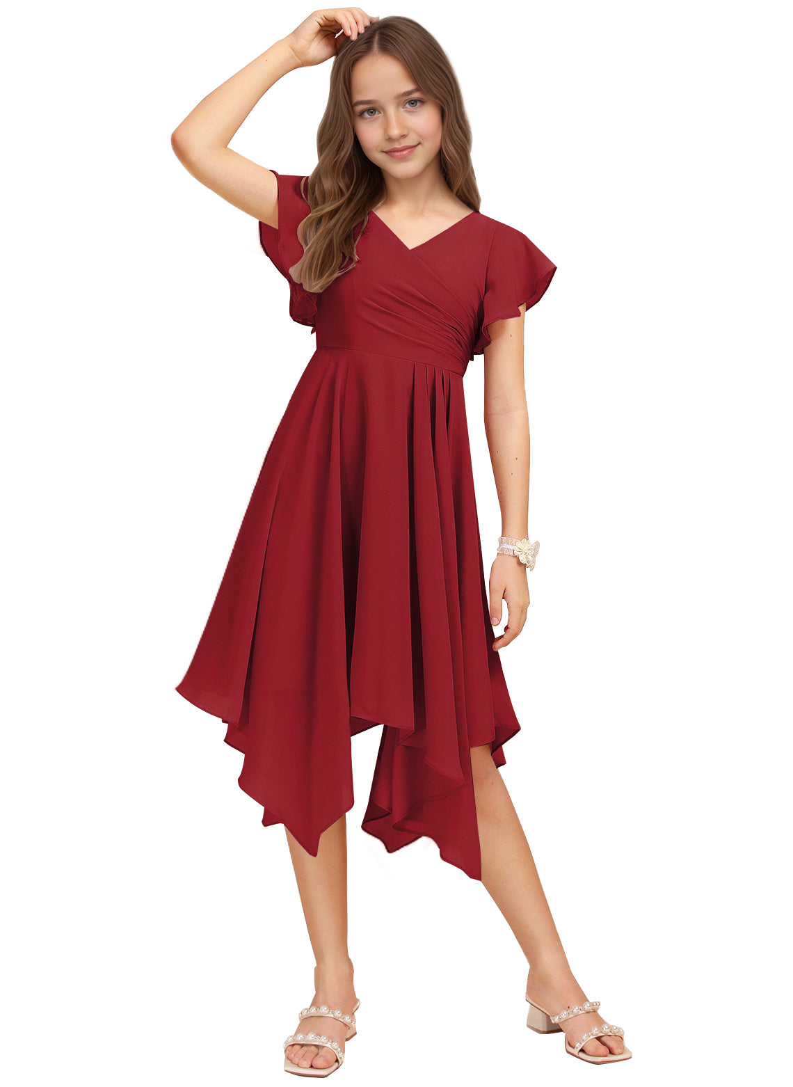 Chiffon Short Junior Bridesmaid Dresses Knee Length Flutter Sleeves Flower Girl Dresses for 4-16 2505