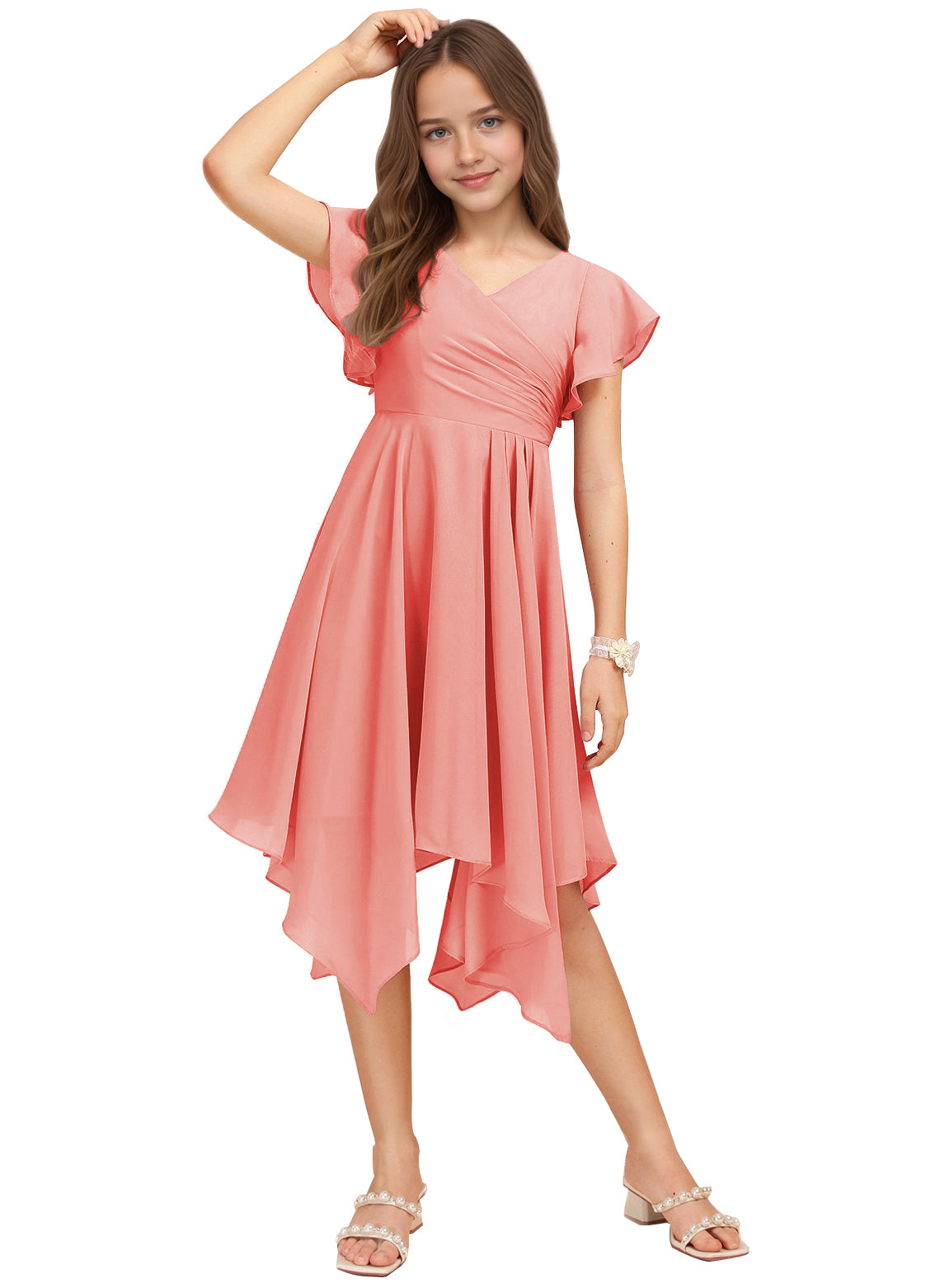 Chiffon Short Junior Bridesmaid Dresses Knee Length Flutter Sleeves Flower Girl Dresses for 4-16 2505