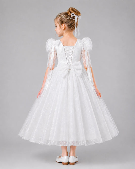 Dideyttawl Sequin Pageant Dress for Girls with Puff Sleeves and Bow