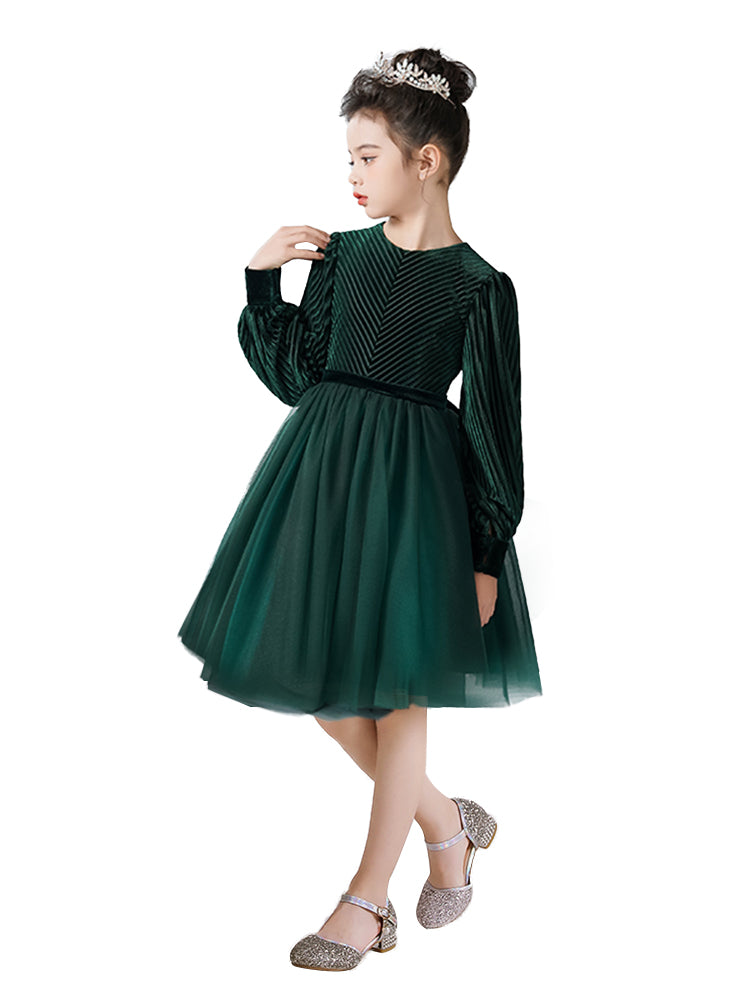 2025 Spring Girls Short Velvet Flower Girl Dress Elegant Formal Dress Lantern Long Sleeves Girls Birthday Party Dress, Dark Green / 16 2025 Spring Girls Short Velvet Flower Girl Dress Elegant Formal Dress Lantern Long Sleeves Girls Birthday Party Dress, Dark Green / 16