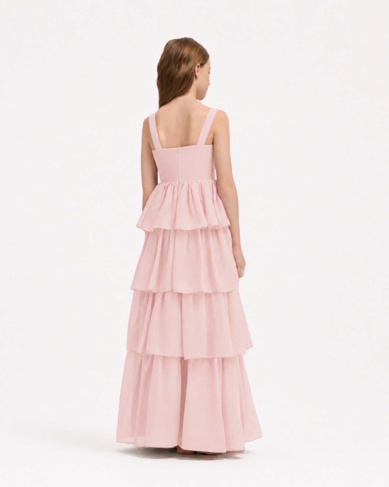 Blush Pink Chiffon Tiered Junior Bridesmaid Dress Back View