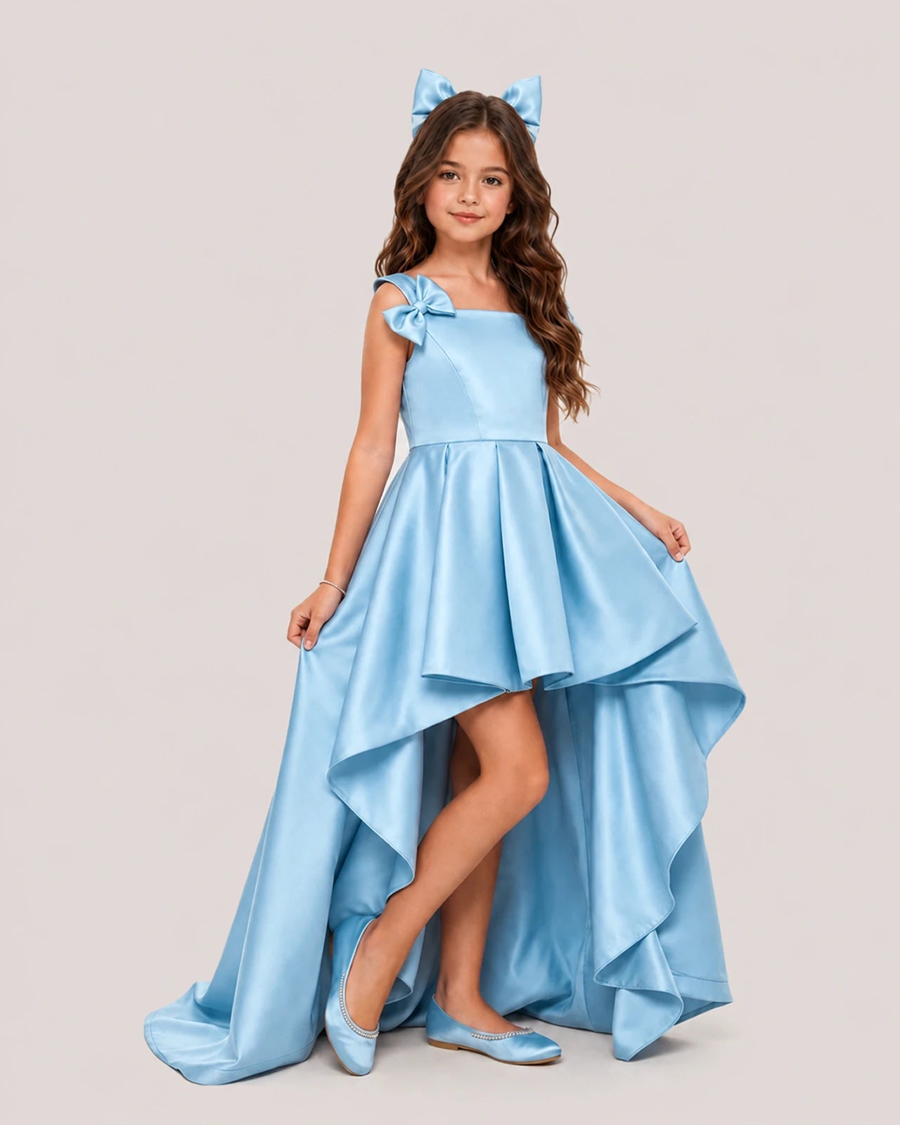 dideyttawl High-Low Junior Bridesmaid Dresses for Girls Pleated Satin A-Line Bow Straps Pageant Formal Party Dress 2536