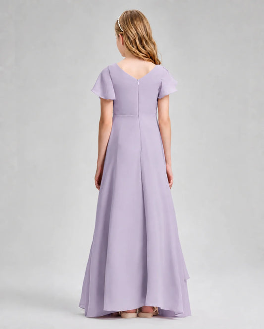 Lavender Chiffon A-line Junior Bridesmaid Dress Back View