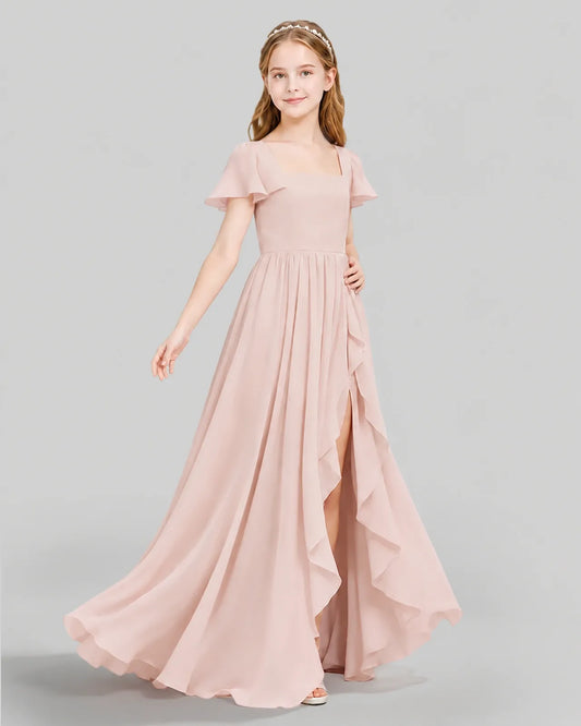 Blush Pink Chiffon A-line Junior Bridesmaid Dress Side View
