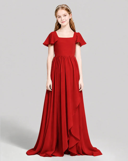 Red Chiffon A-line Junior Bridesmaid Dress Front View