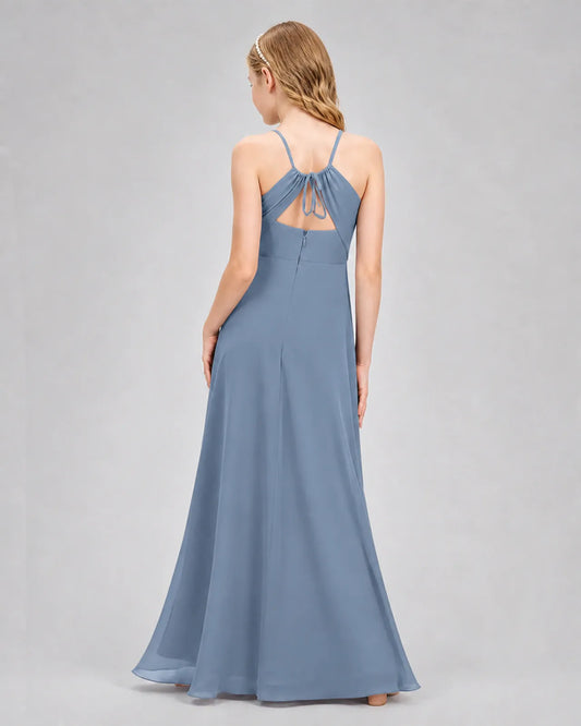 Dusty Blue Chiffon A-line Junior Bridesmaid Dress Back View