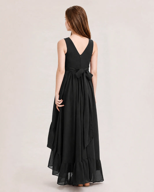 Black Chiffon A-line Junior Bridesmaid Dress Back View