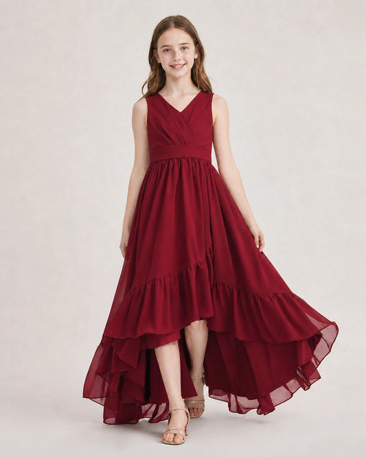 Burgundy Chiffon A-line Junior Bridesmaid Dress Front View