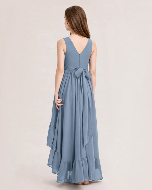 Dusty Blue Chiffon A-line Junior Bridesmaid Dress Back View