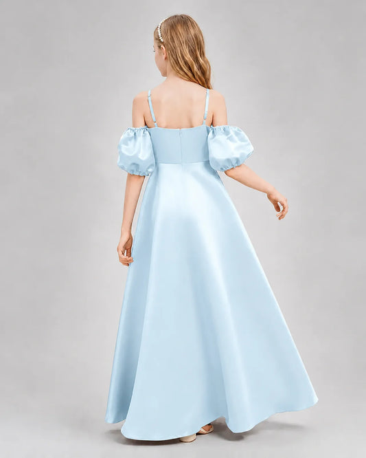 Baby Blue Satin A-line Junior Bridesmaid Dress Back View